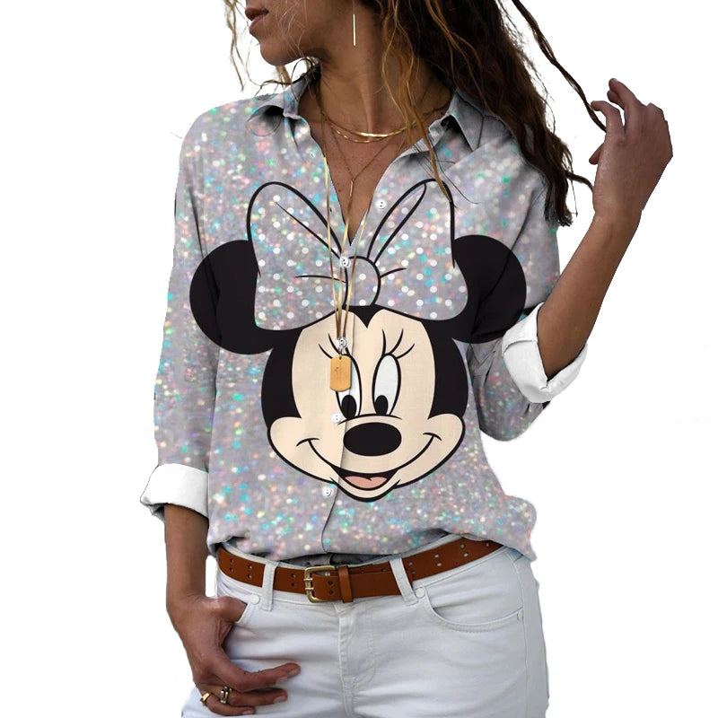 2022 new fall harajuku disney brand long sleeve shirt minnie anime 3d print ladies lapel shirt y2k