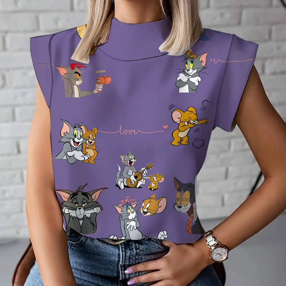 2023 Summer New Fashion Versatile Mickey and Minnie Pattern Disney 3D Women's Harajuku Street High Neck T-Shirt Vest 2K