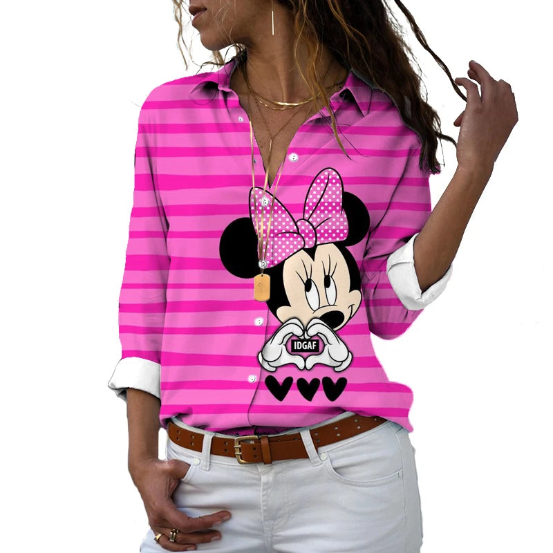 2022 new fall harajuku disney brand long sleeve shirt minnie anime 3d print ladies lapel shirt y2k