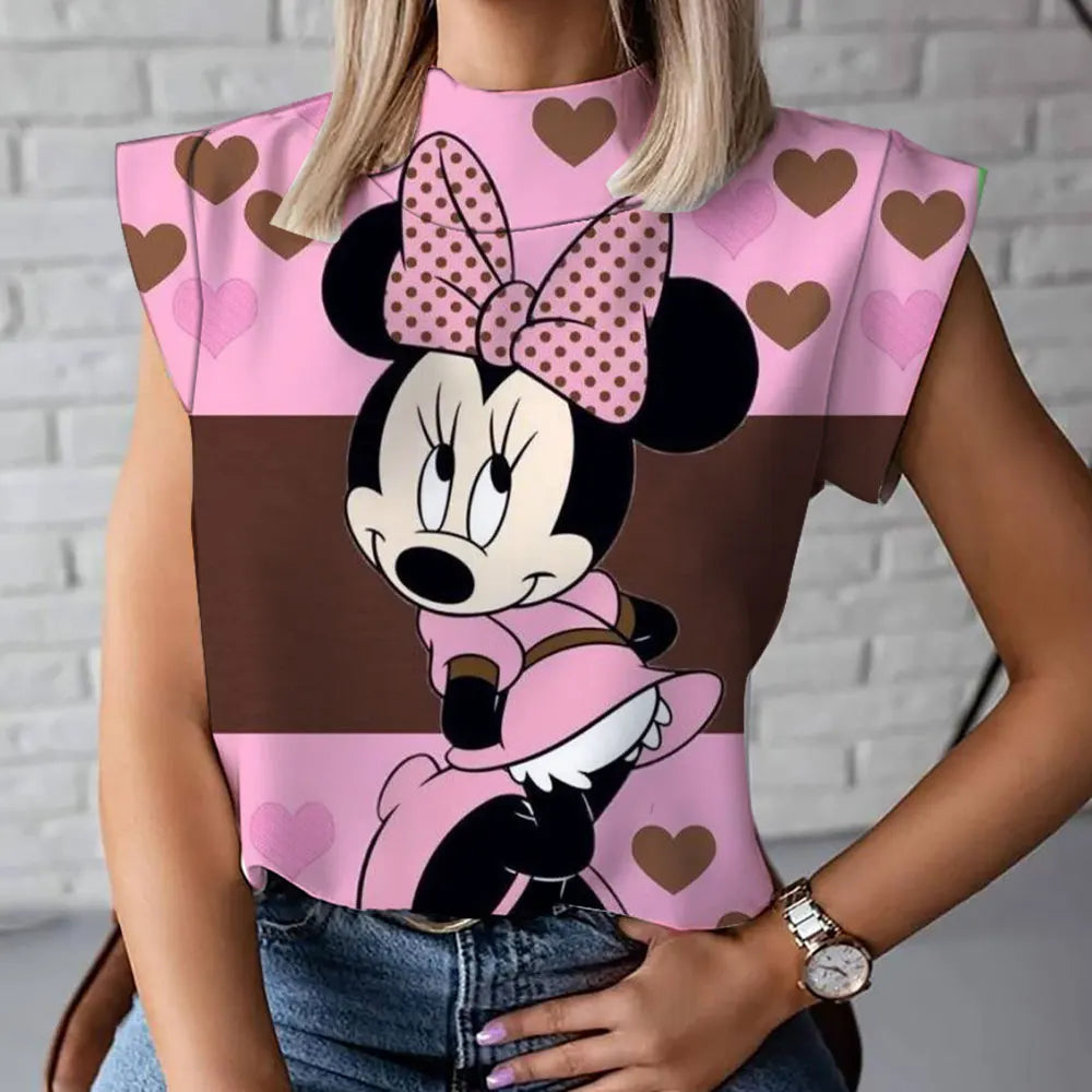 2023 Summer New Fashion Versatile Mickey and Minnie Pattern Disney 3D Women's Harajuku Street High Neck T-Shirt Vest 2K