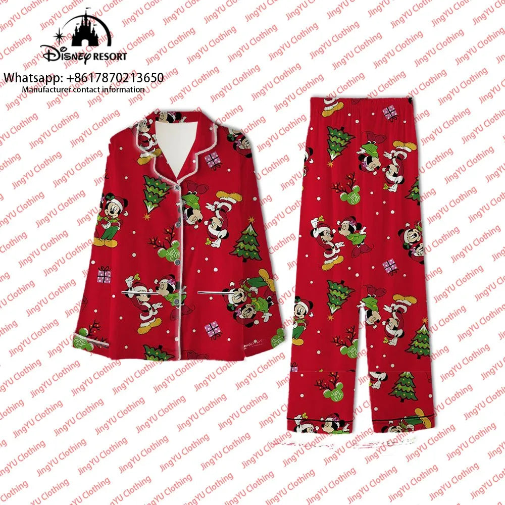 2023 Harajuku Christmas New Disney Mickey Minnie Casual Wear 2-piece Set Women's Pocket Shirt Pants Set Women's Pajamas y2k