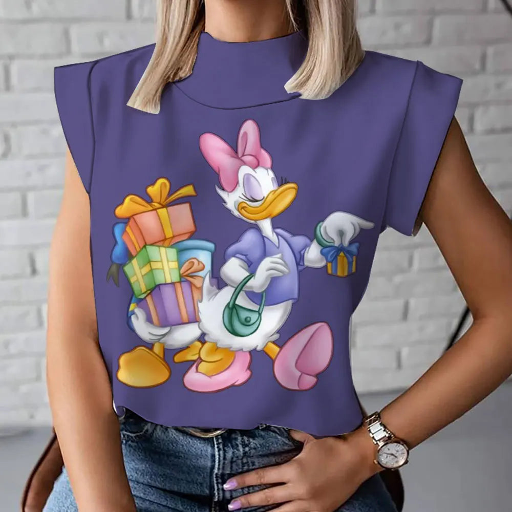 2023 Summer New Fashion Versatile Mickey and Minnie Pattern Disney 3D Women's Harajuku Street High Neck T-Shirt Vest 2K