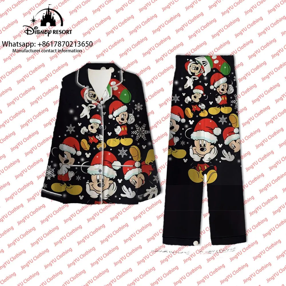 2023 Harajuku Christmas New Disney Mickey Minnie Casual Wear 2-piece Set Women's Pocket Shirt Pants Set Women's Pajamas y2k