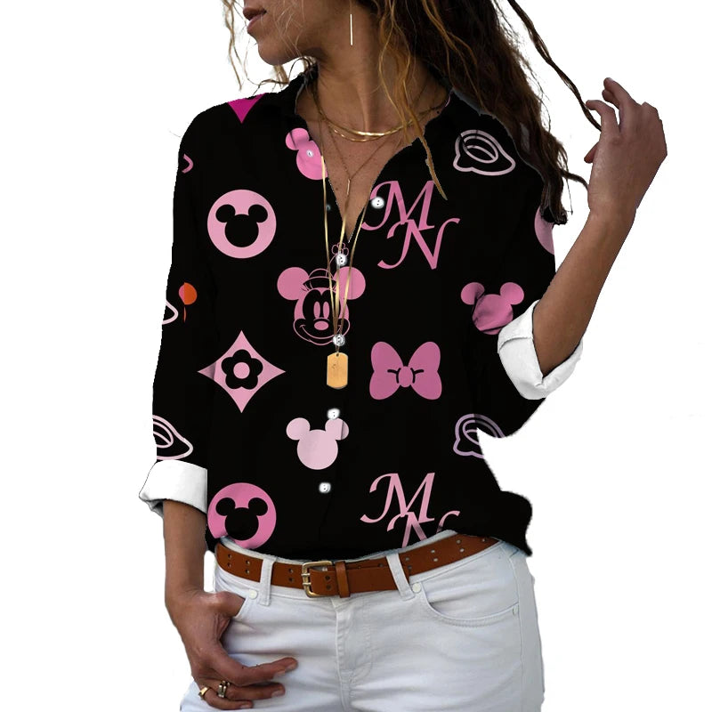 2022 new fall harajuku disney brand long sleeve shirt minnie anime 3d print ladies lapel shirt y2k