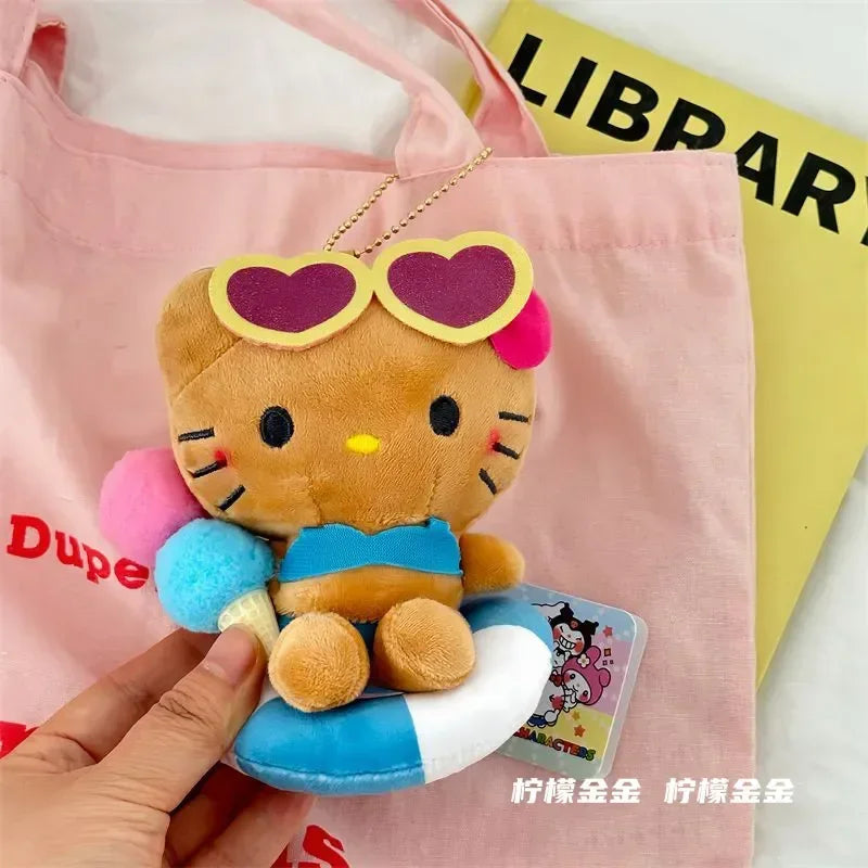 2024 Black Skin HelloKittys Hawaiian Style Bag Pendant Cartoon Brown Swimming Circle Plush Keychain Kawaii Backpack Decoration