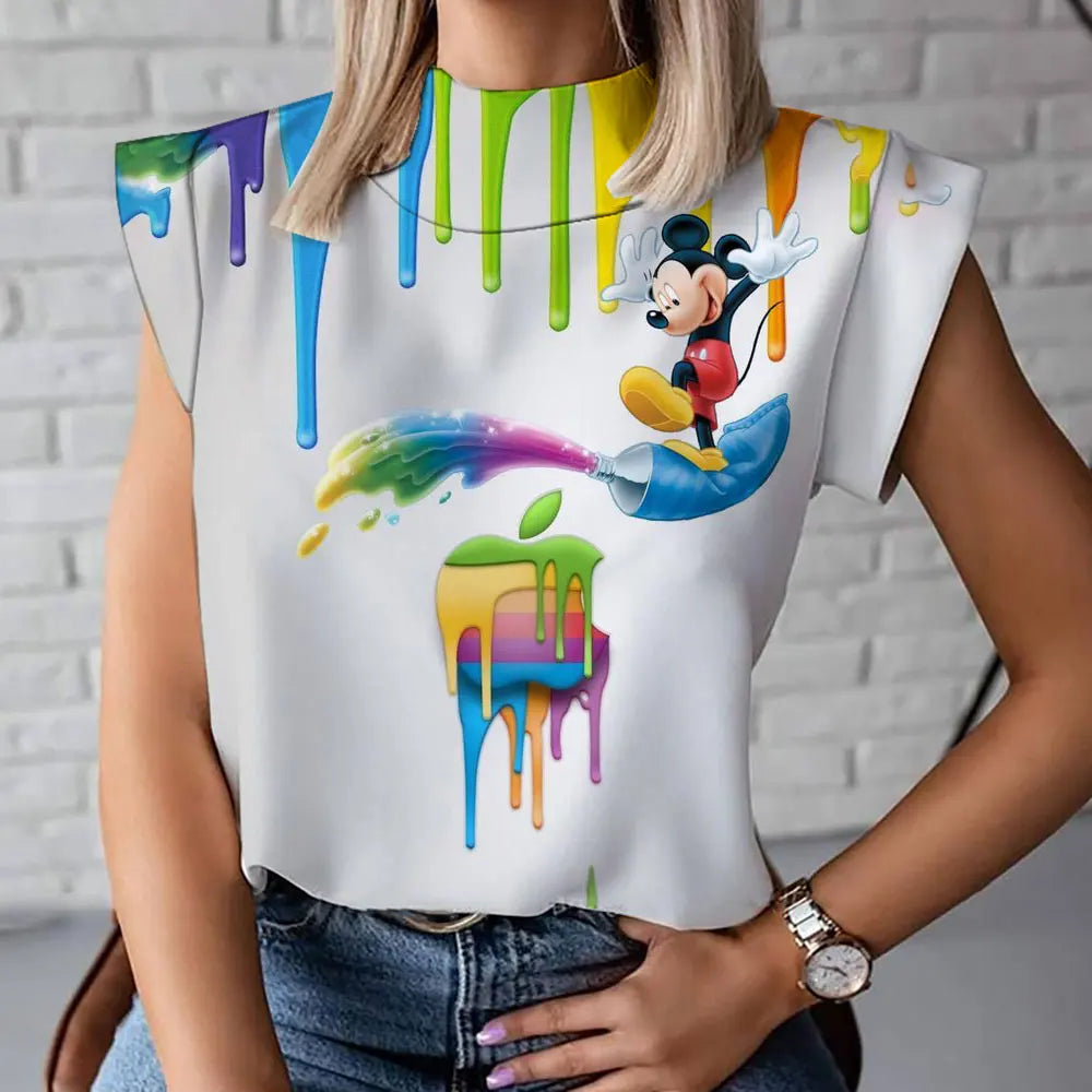 2023 Summer New Fashion Versatile Mickey and Minnie Pattern Disney 3D Women's Harajuku Street High Neck T-Shirt Vest 2K