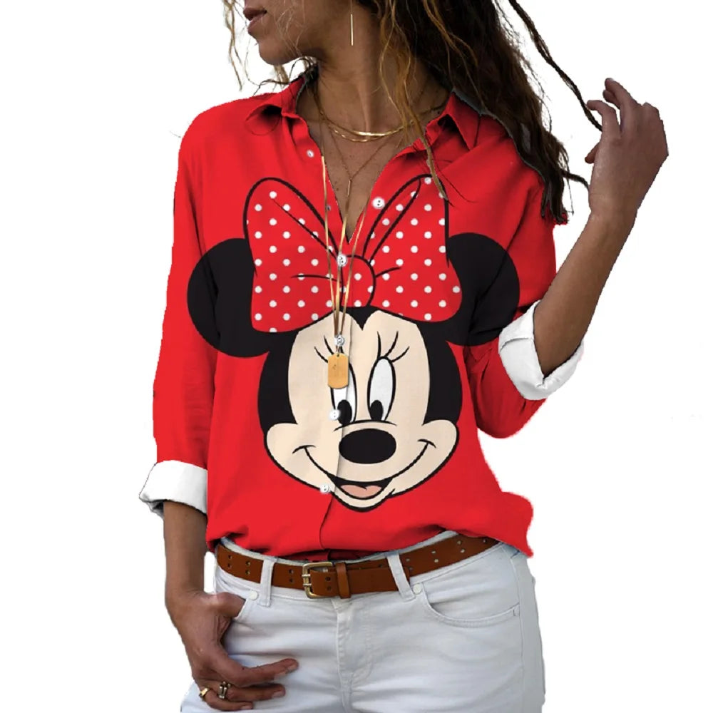 2022 new fall harajuku disney brand long sleeve shirt minnie anime 3d print ladies lapel shirt y2k