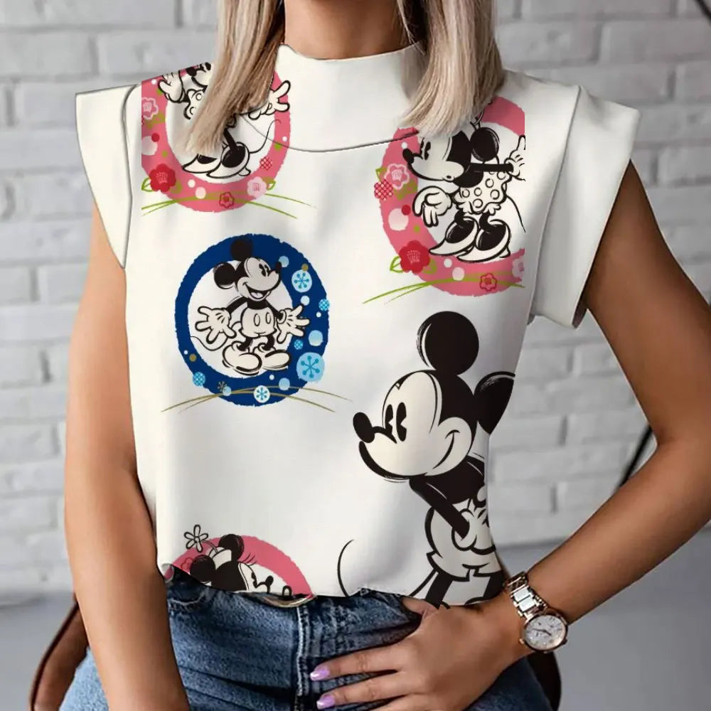 2023 Summer New Fashion Versatile Mickey and Minnie Pattern Disney 3D Women's Harajuku Street High Neck T-Shirt Vest 2K