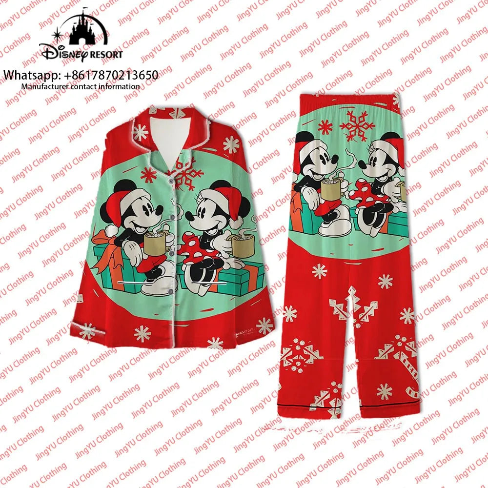 2023 Harajuku Christmas New Disney Mickey Minnie Casual Wear 2-piece Set Women's Pocket Shirt Pants Set Women's Pajamas y2k