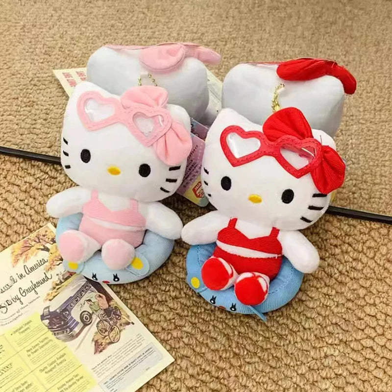 2024 Black Skin HelloKittys Hawaiian Style Bag Pendant Cartoon Brown Swimming Circle Plush Keychain Kawaii Backpack Decoration