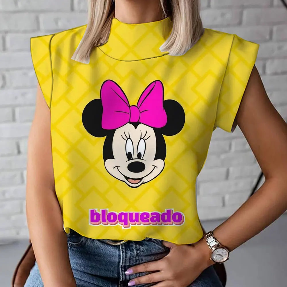 2023 Summer New Fashion Versatile Mickey and Minnie Pattern Disney 3D Women's Harajuku Street High Neck T-Shirt Vest 2K