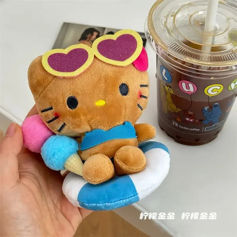 2024 Black Skin HelloKittys Hawaiian Style Bag Pendant Cartoon Brown Swimming Circle Plush Keychain Kawaii Backpack Decoration