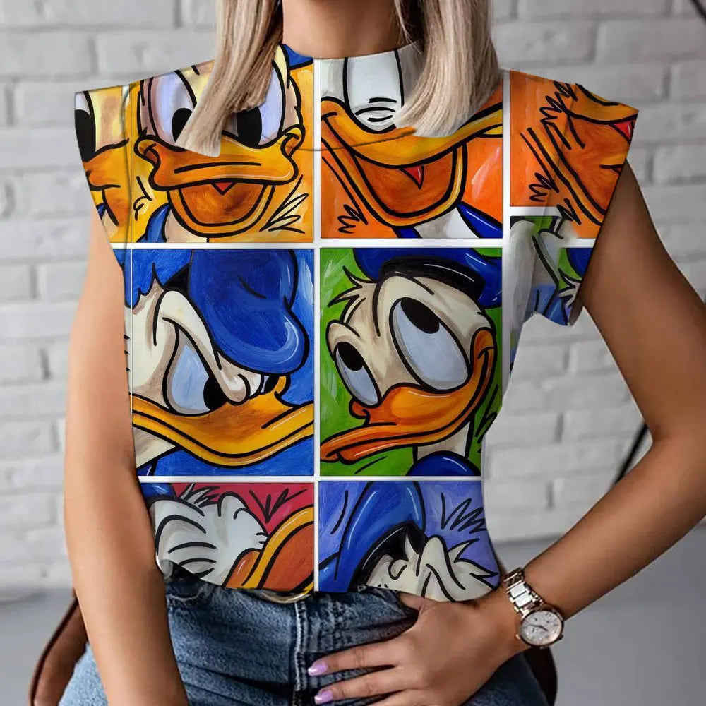 2023 Summer New Fashion Versatile Mickey and Minnie Pattern Disney 3D Women's Harajuku Street High Neck T-Shirt Vest 2K