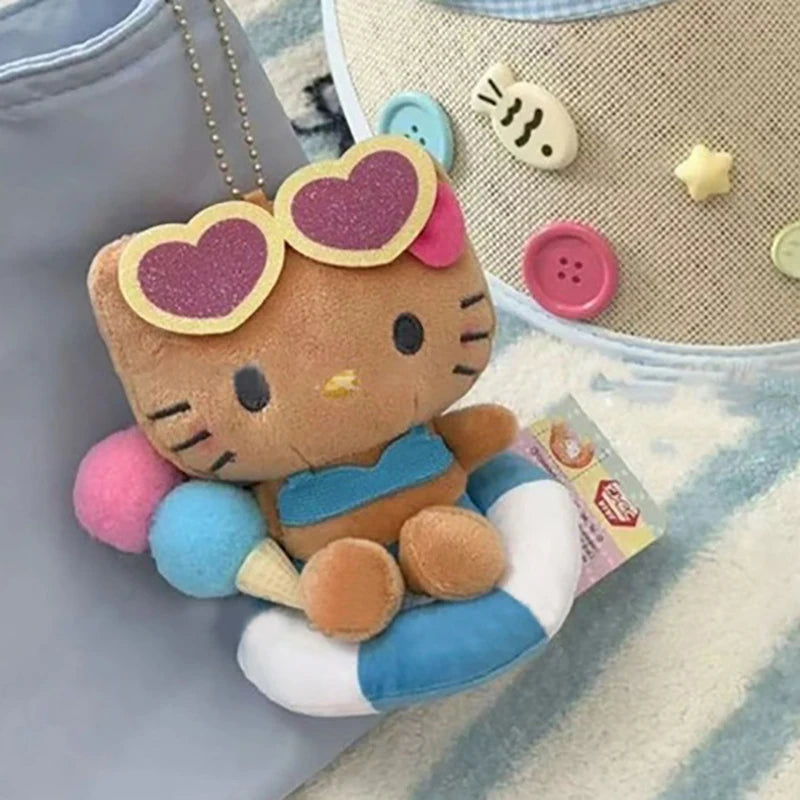 2024 Black Skin HelloKittys Hawaiian Style Bag Pendant Cartoon Brown Swimming Circle Plush Keychain Kawaii Backpack Decoration