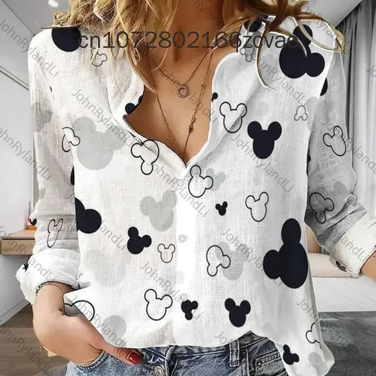 2024 Disney Mickey Minnie Mouse Women's Casual Shirt Print Fashionable Y2k Street Clothing Summer Long Sleeved Women's Shirt