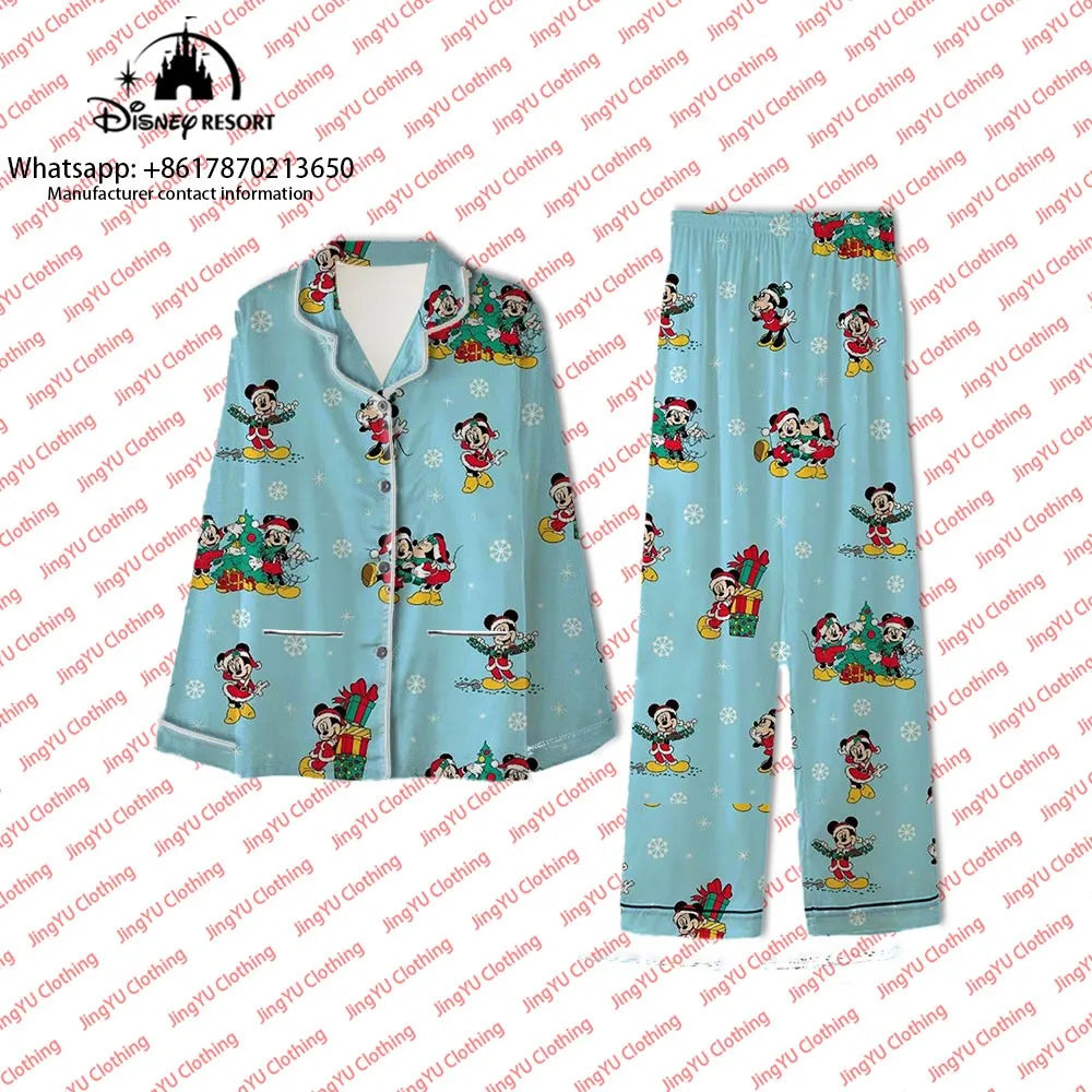 2023 Harajuku Christmas New Disney Mickey Minnie Casual Wear 2-piece Set Women's Pocket Shirt Pants Set Women's Pajamas y2k