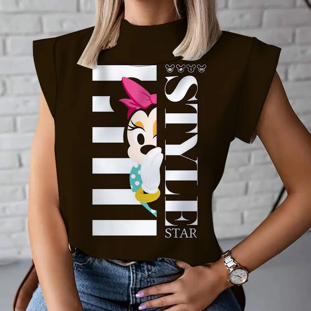 2023 Summer New Fashion Versatile Mickey and Minnie Pattern Disney 3D Women's Harajuku Street High Neck T-Shirt Vest 2K