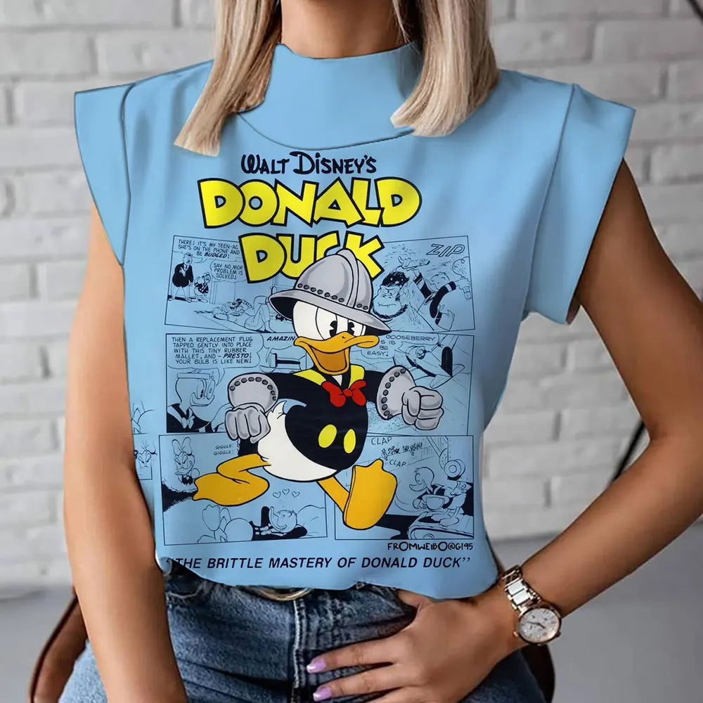 2023 Summer New Fashion Versatile Mickey and Minnie Pattern Disney 3D Women's Harajuku Street High Neck T-Shirt Vest 2K