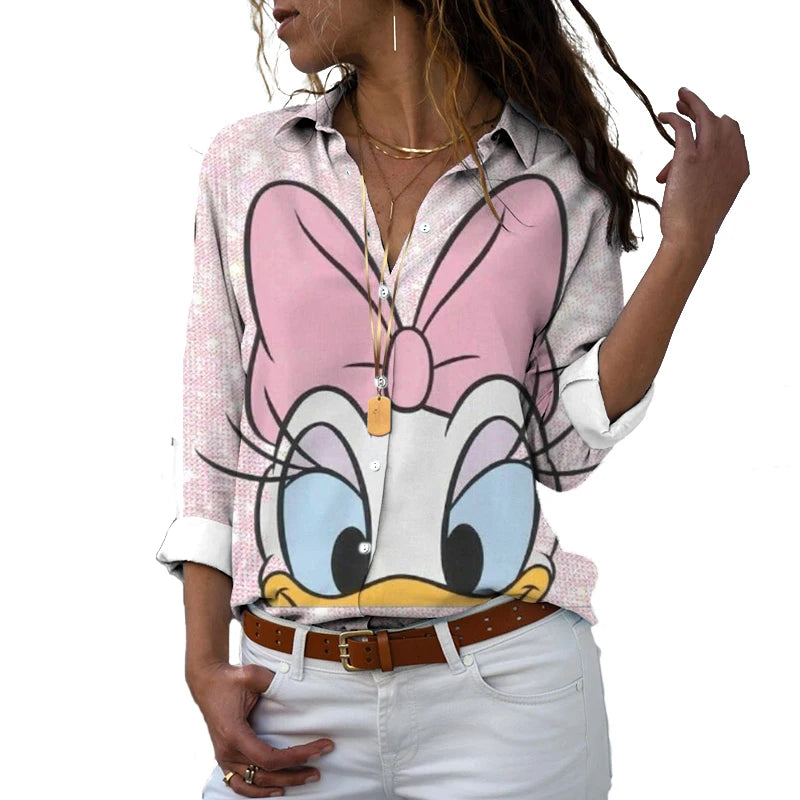 2022 new fall harajuku disney brand long sleeve shirt minnie anime 3d print ladies lapel shirt y2k