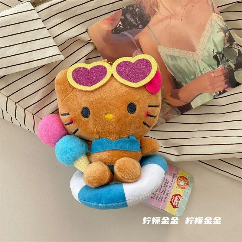 2024 Black Skin HelloKittys Hawaiian Style Bag Pendant Cartoon Brown Swimming Circle Plush Keychain Kawaii Backpack Decoration