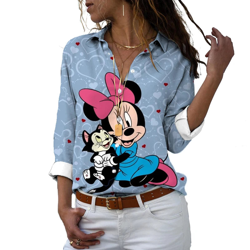 2022 new fall harajuku disney brand long sleeve shirt minnie anime 3d print ladies lapel shirt y2k