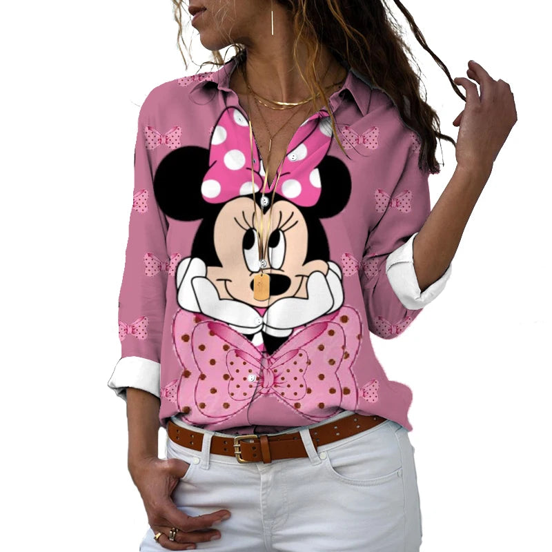 2022 new fall harajuku disney brand long sleeve shirt minnie anime 3d print ladies lapel shirt y2k