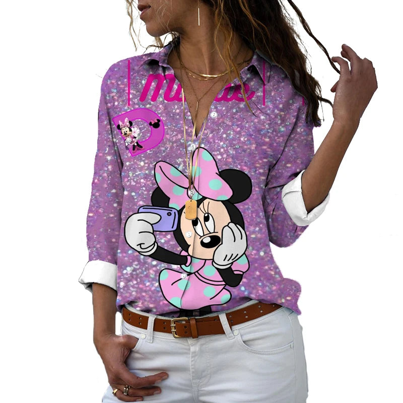 2022 new fall harajuku disney brand long sleeve shirt minnie anime 3d print ladies lapel shirt y2k