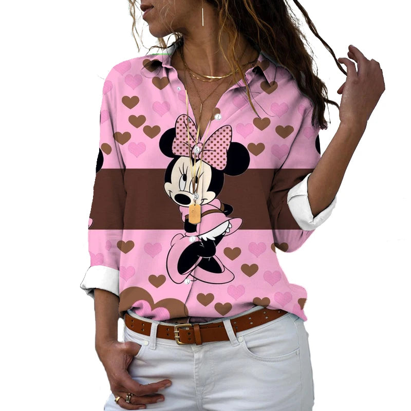 2022 new fall harajuku disney brand long sleeve shirt minnie anime 3d print ladies lapel shirt y2k