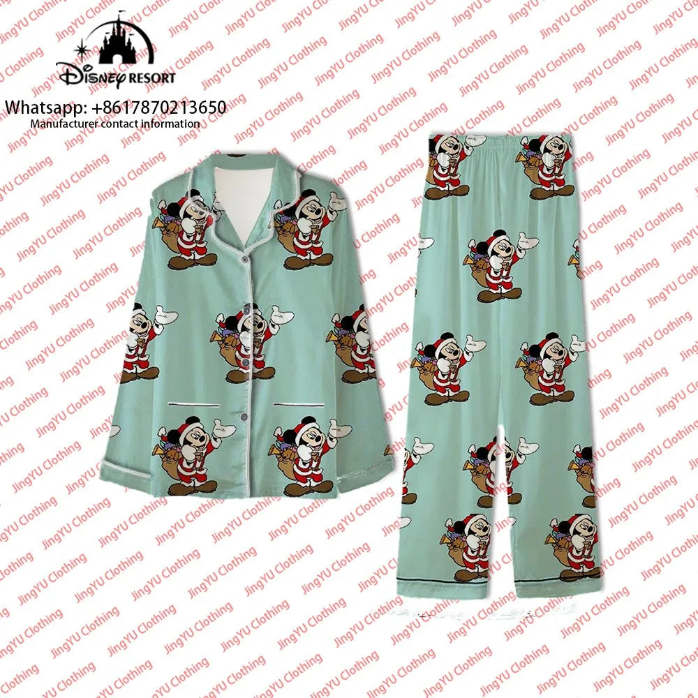 2023 Harajuku Christmas New Disney Mickey Minnie Casual Wear 2-piece Set Women's Pocket Shirt Pants Set Women's Pajamas y2k