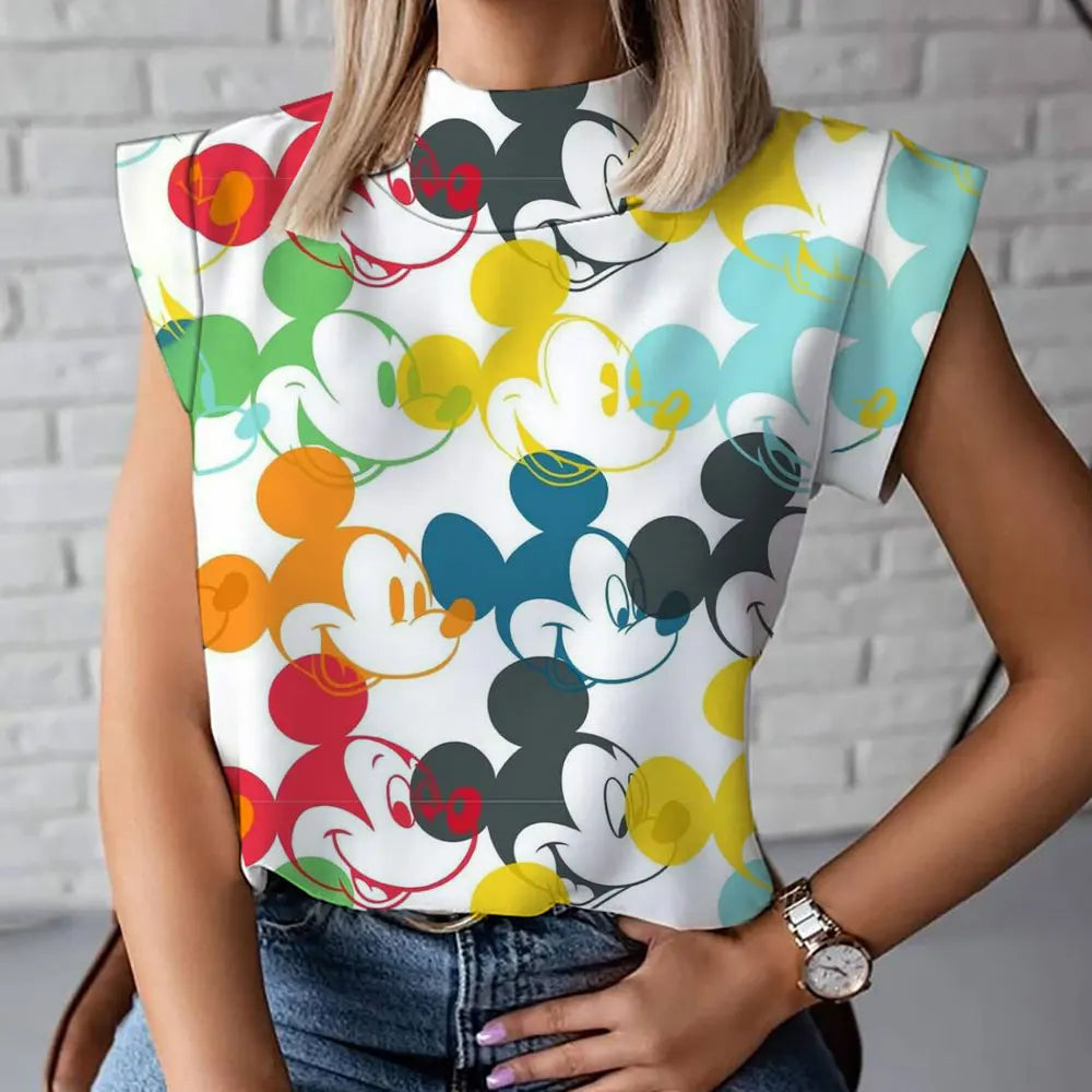 2023 Summer New Fashion Versatile Mickey and Minnie Pattern Disney 3D Women's Harajuku Street High Neck T-Shirt Vest 2K