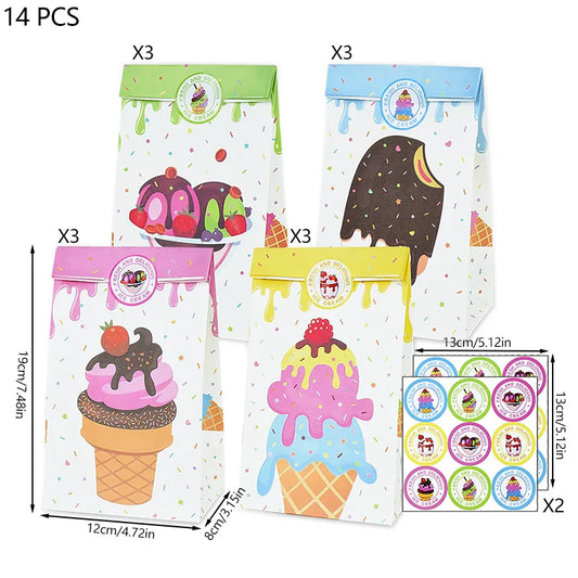 14pcs Summer Ice Cream Theme Gift Bag Paper Candg Packing Bags with Sticker Tropical Hawaiian Birthday Party Decor Wedding Favor