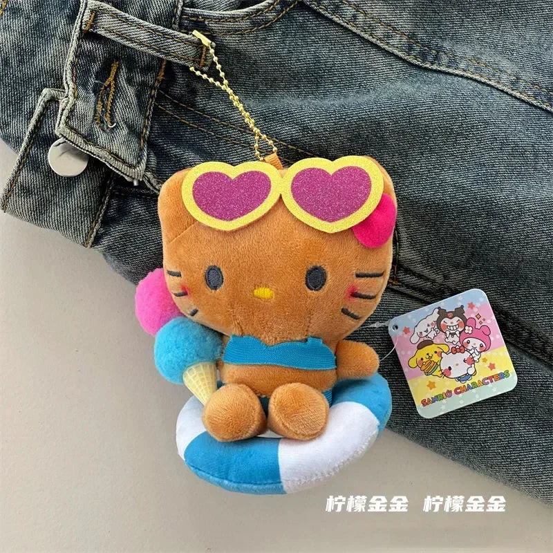 2024 Black Skin HelloKittys Hawaiian Style Bag Pendant Cartoon Brown Swimming Circle Plush Keychain Kawaii Backpack Decoration