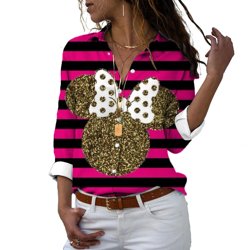 2022 new fall harajuku disney brand long sleeve shirt minnie anime 3d print ladies lapel shirt y2k